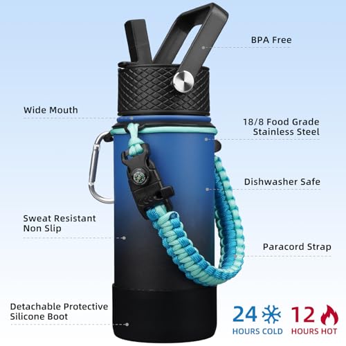 BJPKPK Water Bottle with Straw Lid, 18oz Insulated Water Bottles with 3 Lids, Paracord Handle & Non-slip Boot, Metal Stainless Steel Thermal Flasks, BPA Free Leak Proof Tumblers,Blue Black - color: Blue/Black, size: 18 Ounces