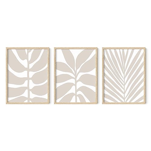 HAUS AND HUES Neutral Wall Decor - Set of 3 Minimalist Art, Boho Art Decor for Living Room, Frameable Botanical Prints (Beige Frame, 12x16) - color: Beige Leaves, size: 12"L x 16"W, style: Beige Framed