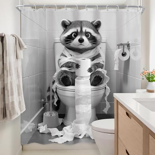 Newsely Funny Raccoon Shower Curtain 60Wx72L Inch Black White Animal Roll Paper Hilarious Sitting on the Toilet Bathroom Set Lovely Wildlife Boy Kid Waterproof Bath Decoration Accessories Home Decor - color: P-raccoon, size: 60"W x 72"L (Pack of 1)