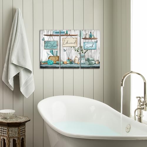 sechars Bathroom Wall Art Relax Unwind Soak Signs Canvas Prints Teal Spa Decor, 8x16 Inches Each, Framed (Teal) - color: Teal