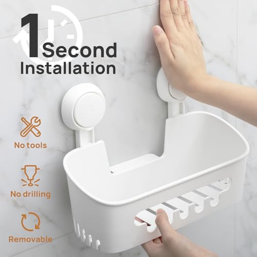LEVERLOC Shower Caddy Suction Cup Set Shower Organizer & Soap Holder & Toothbrush Holder, Bathroom Shelf Basket NO-Drilling, Removable Suction Storage Waterproof Bathroom Caddy, White - color: White