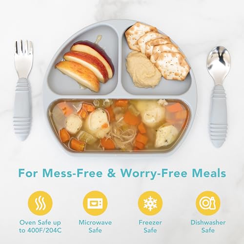 Bumkins Toddler and Baby Suction Plate, Divided Grip Dish for Babies and Kids, Baby Led Weaning, Feeding Supplies, Sticks to Tables and Highchairs, Platinum Silicone, for Chidren 6 Months, Gray - color: E2 Gray-GD