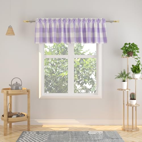 3 Pieces Tier Curtains and Valance Set Buffalo Check Kitchen Tiers Plaid Gingham Rod Pocket Classic Short Small Cafe Curtains Country Farmhouse Cafe Bathroom 54"x18"/27"x24" Lilac & White - color: Plaids Lilac&white, size: 27"W x 24"L (Pack of 3)