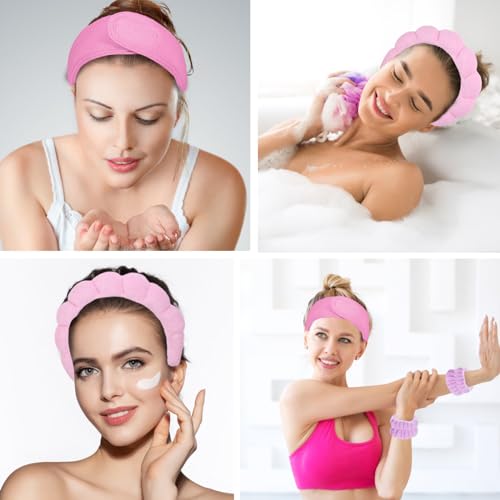 Spa Gift Set: Bubble Headband, Face Wash Headband, Skin Care Wristbands for Ladies and Women - color: Pink