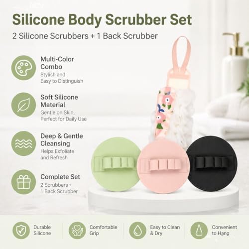 3-Pack Bath Scrubber Kit: 2 Silicone Exfoliating Pats & Double-Sided Long Handle Back Scrubber Bath Puff for Deep Cleansing. (2 Pink & Pink) - color: 2 Pink & Pink