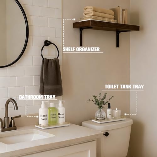 Bathroom Vanity Tray for Countertop, 12" x 6" Oak Wood Toilet Tank Tray | Metal Guardrail, Bathroom Organizer for Soap, Perfume & Skincare, Non-Slip Decorative Tray for Dresser, Gold & White - color: Gold & White, size: 12" x 6" x 1.5"