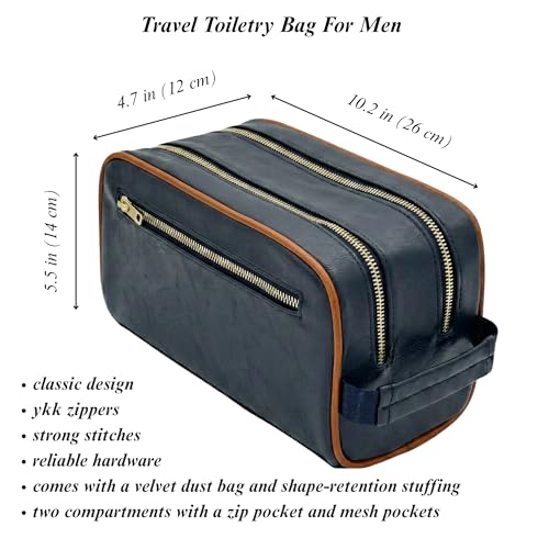 Mens Toiletry Bag, Premium PU Leather Travel Kit, Metal Zippers & Bottom Studs, Velvet Dust Bag & Shape-Retention Packaging – Gift Ready For Groomsmen, Anniversary, Birthday Gifts/ NAVY/ORANGE - color: NAVY BLUE/ORANGE