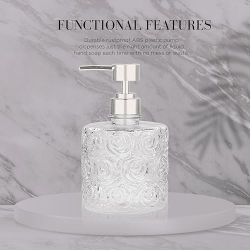 Marcella Glass Soap Dispenser with Soap Pump, Refillable 14 Ounce Capacity, Floral Design Rose Patterns, Heavy Weight Thick Glass for Bathroom, Premium Kitchen Soap Dispenser Clear - color: Clear