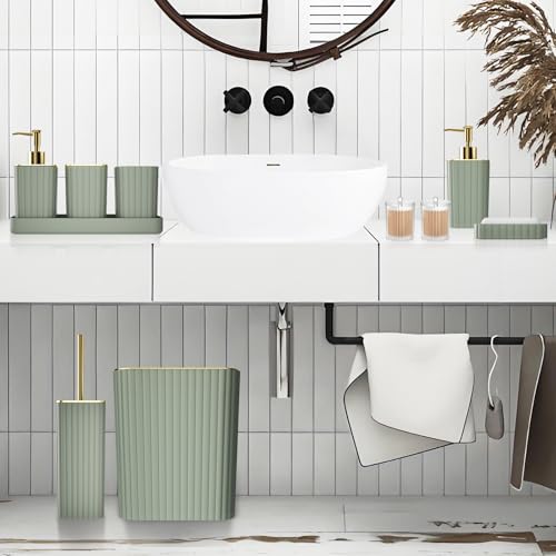 XLHOMO Bathroom Accessories Set - Gorgeous Bathroom Set, 10PC Sage Green Bathroom Accessory Set, Toilet Brush, Trash Can & Soap Dispenser - size: Bath Set, style: Sage Green&Gold