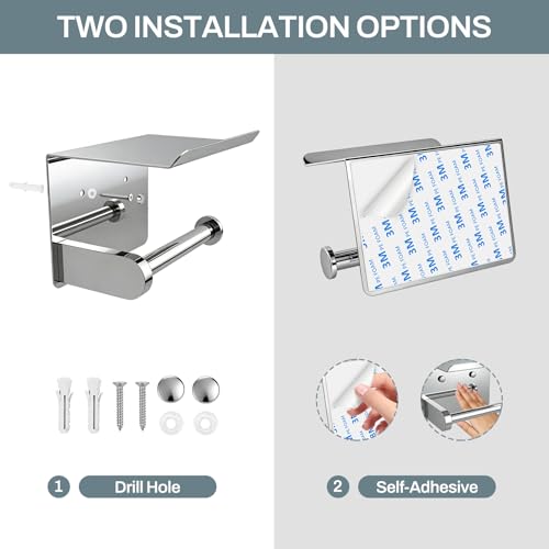 SetSail Toilet Paper Holder with Shelf Adhesive or Screw-in Bathroom Toilet Paper Roll Holders Wall Mount Heavy-Duty Tissue Holder for Bathrooms, Mirror Silver - color: Chrome, size: 1 Packs