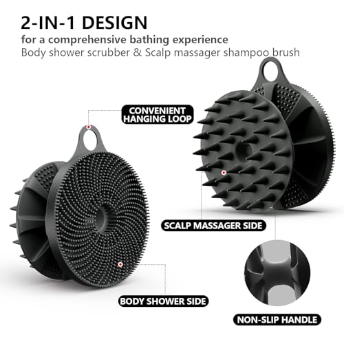 2 in 1 Shower Brush, BEAUTAIL Silicone Body Scrubber & Scalp Massager | Dual-Sided Bath Brush for Deep Cleansing & Dandruff Removal, Gentle Exfoliator for Sensitive Skin, Women, Men & Kids (Black) - color: Type2-black 1 Pc