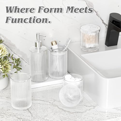 Clear Bathroom Accessories Set, 3.5 Gal Trash Can with Lid, Glass Bathroom Set Include Soap Dispenser, Toothbrush Holder, Tumbler, Qtip Holders, Cute Bathroom Sink Set, Vintage Bathroom Decor - color: Clear, size: 6 Pieces