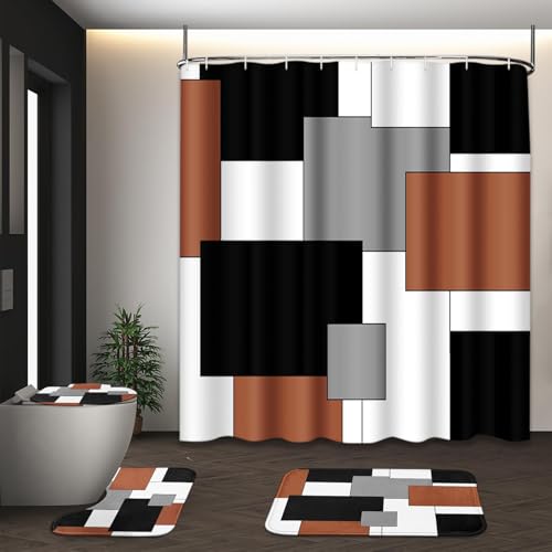 Brown Geometric Shower Curtain Set with Toilet Lid Cover and Non-Slip Rugs for Bathroom, Black Grey White Checkered 4 Pcs Shower Curtain, Modern Abstract Bathroom Set with 12 Hooks - color: Abstract Geometric Brown