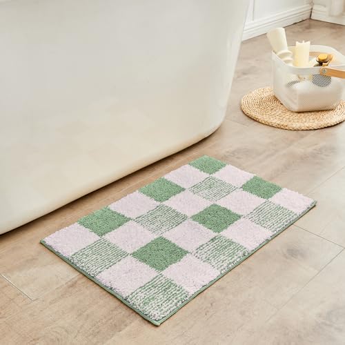 CozeCube Bath mats for Bathroom Non Slip, Fluffy Absorbent Microfiber Bath mat Washable, Aesthetic Bathroom Rugs, Cute Sage Green Checkered Bath mat, Sage Green, 32" x 20" - color: Checkered-sage Green, size: 2'8" x 1'8" (Rectangular)