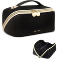 Prite Makeup Bag for Women Travel Waterproof Vegan Leather Cosmetic Bag Open Flat Toiletry Bag With Clear Divider and Handle (Black, Medium) - color: Black, size: Medium