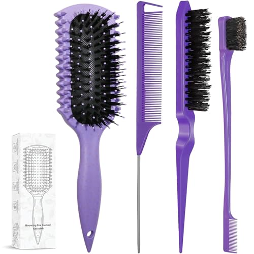 Curl Defining Brush, Curly Hair Brush Products With 3 Pcs Slick Back Hair Brush Set Bristle Brush Edge Control Teasing Comb for women (Purple) - color: purple