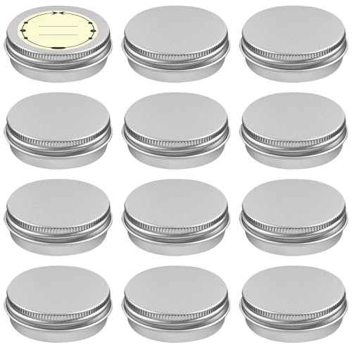 TUZAZO 12Pack 1 Oz Aluminum Tin Cans with Screw Lid and Labels, Refillable Travel Sized Cosmetic Containers Small Tins for Salves, Lotion Bars, Beard Balms, Candles - size: 1oz*12