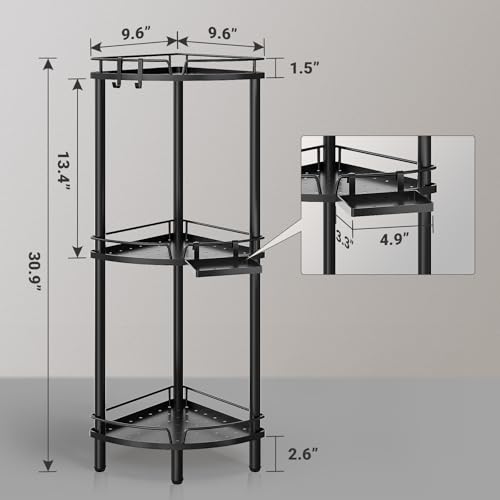 ELYKEN Corner Shower Caddy Standing, 3 Tier Rustproof Metal Shower Organizer with Soap Holder, Floor Shower Corner Shelf Rack Storage Stands with Adjustable Feet & 2 Hooks for Bathroom, Black - color: Black, size: 3 Tier