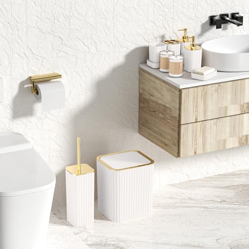XLHOMO Bathroom Accessories Set - Gorgeous Bathroom Set, 10PC White Bathroom Accessory Set, Toilet Brush, Trash Can, Qtip Holder Dispenser & Soap Dispenser - size: Bath Set, style: White&Gold