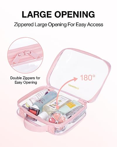 BAGSMART Clear Toiletry Bag, TSA Approved Travel Toiletry Bag Carry On Travel Accessories Bag Airport Airline Quart Size Bags water-resistant Makeup Bag for Women - color: Clear Pink-with handle+180° open, size: 3 Pack, Medium