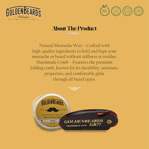 Golden Beards Mustache Wax with GB-77 Folding Comb – Organic & Natural Styling Wax for Men – Strong Hold, Vegan, Cruelty-Free Grooming Kit - style: Folding Comb