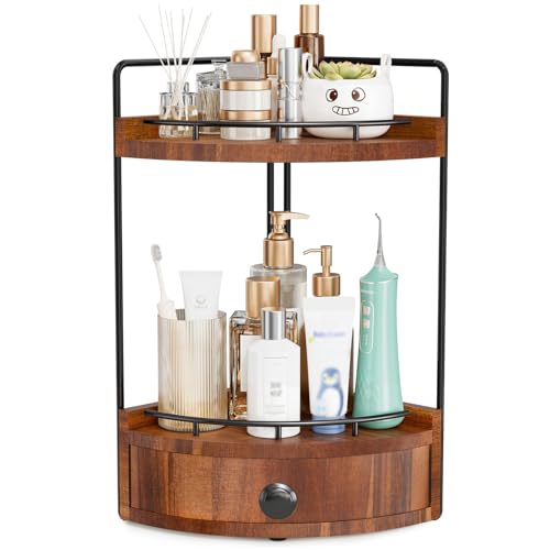 2-Tier Corner Bathroom Counter Organizer with Drawer & Embedded Screw Holes - Wooden Countertop Organizers for Skincare, Makeup Storage, Bathroom Sink Counter Shelf for Vanity, Acacia Wood-Brown - color: Acacia Wood-brown