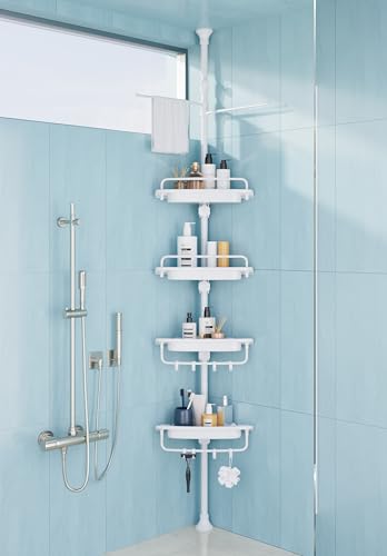 XLHOMO 32-122inch Corner Shower Caddy Tension Pole All White, Rustproof Drill-Free Shower Shelves for Bathroom Bathtub Washbasin, Adjustable Shower Organizer with 4 Tier Patent Shelves & Towel Bars - color: All White