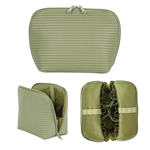 Travel Makeup Bag for Women, Waterproof Stand Up Cosmetic Bag with Brush Holders, Organizer Bag with Compartments, Fold-Down Design for Skincare, Toiletries & Essentials (Green, Medium) - color: Green, size: Medium