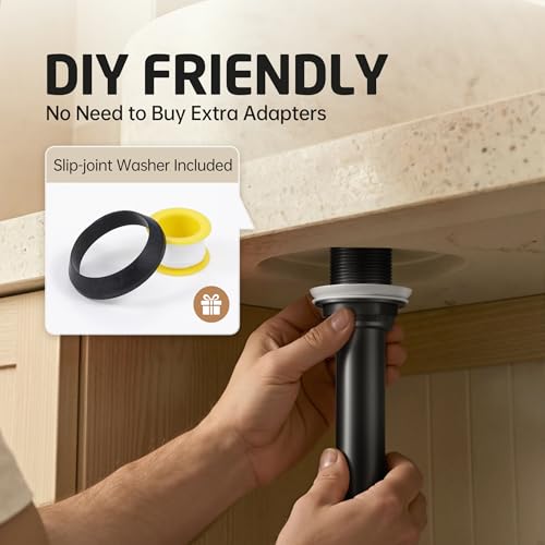 KES Bathroom Sink Drain with Extended Thread, All Metal Pop Up Drain Stopper without Overflow for Thicker Vessel Sinks and Countertops, Brass and Stainless Steel Matte Black, S2022D-BK - color: Matte Black, style: NO Overflow, Long Thread