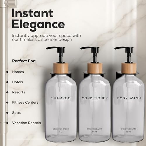 Clear Shampoo and Conditioner Dispenser Set Wall Mounted by Brighter Barns - Plastic Shower Dispenser 3 Chamber No Drill - Refillable Shampoo, Body Wash and Conditioner Bottle for Shower Wall (Clear) - color: Boho (Clear)