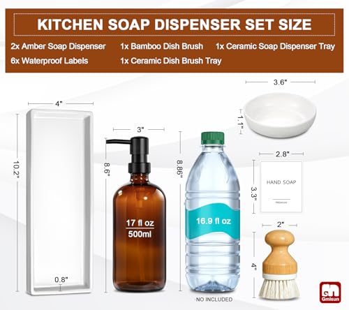 GMISUN Dish Soap Dispenser, 16 Oz Kitchen Soap Dispenser Set with Ceramic Tray & Bamboo Brush, 2 Pack Thick Amber Glass Soap Dispenser, Farmhouse Refillable Hand and Dish Liquid Soap Pump Bottle Set - color: Amber Bottles + Black Pumps