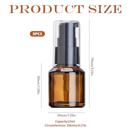 3PCS Refillable Amber Glass Travel Bottles Set Leak-Proof Pump Dispenser Empty Mini Portable Containers for Lotion Cream Foundation Essential Oils (15ml/0.5oz) - color: Amber, size: 15ml/0.5oz