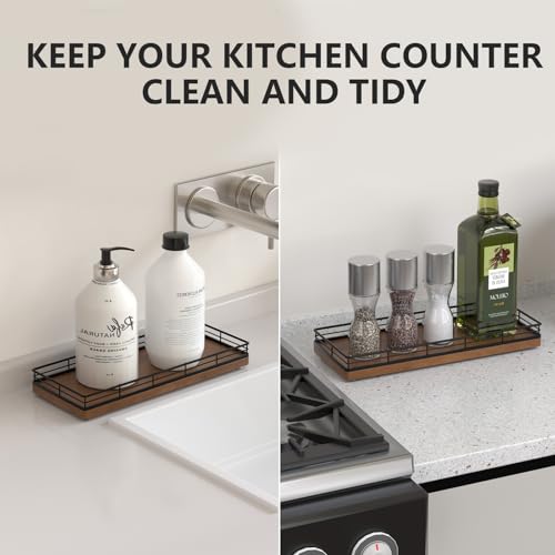 Bathroom Tray for Counter Top Organizer, Oak Wood Vanity Tray | Metal Frame for Dresser, Kitchen & Nightstand, Black & Brown Decorative Storage - color: Black & Brown, size: 11" x 4.5" x 1.5"