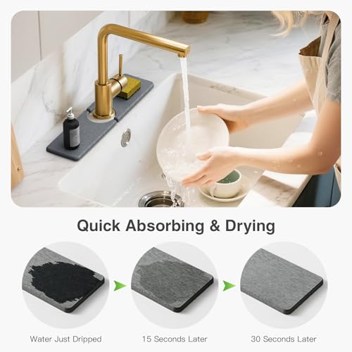 15.8" x 4" Stone Faucet Mat for Kitchen Sink, Quick Drying Diatomite Sink Tray, Faucet Sink Splash Guard for Prevents Moisture Buildup (Dark Gray) - color: Dark Gray, size: 15.8" x 4"