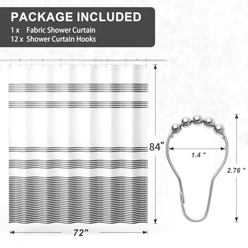 AmazerBath Shower Curtain, Striped Black Fabric Shower Curtain Set with 12 Shower Curtain Hooks, Rustic Cloth Black and White Curtain, Farmhouse Bathroom Shower Curtain Sets, 72x84 Inches - color: A- Black Stripe +12 Metal Hooks, size: 72"W x 84"L (Pack o