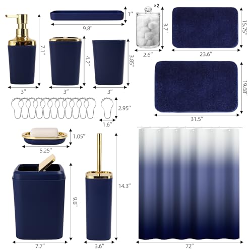 XLHOMO Bathroom Set - Navy Blue Bathroom Sets with Shower Curtain and Rugs, 24PCS Shower Curtain Set with Hooks, Soap Dispenser, Soap Dish, Toilet Brush Holder and Trash Can for Housewarming - color: Navy Blue and Gold, size: Bathroom Set+Shower Curtain+B