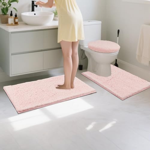 Bathroom Rugs Sets 3 Piece with Adjustable Toilet Seat Cover 17.5"x 15" Machine Washable Bath Rug Set with TPR Non Slip Rubber Backing Solid Bath Mat Set for Luxury Bathroom Decoration - color: Light Pink