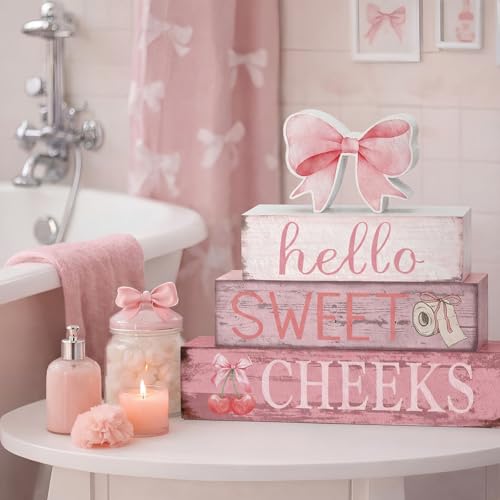 Cinnvoice 4 Pcs Pink Bow Bathroom Decor Farmhouse Bathroom Decoration Hello Sweet Cheeks Table Centerpiece Gift for Christmas Valentines Back to School - style: Pink Bow Hello Sweet Cheeks