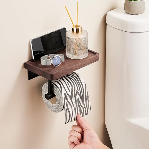 Toilet Paper Holder with Walnut Wood Shelf, Adhesive & Wall Mounted Toilet Paper Roll Holder, Black Stainless Steel Rustproof Toilet Paper Holder for Bathroom, Washroom, RV, Kitchen