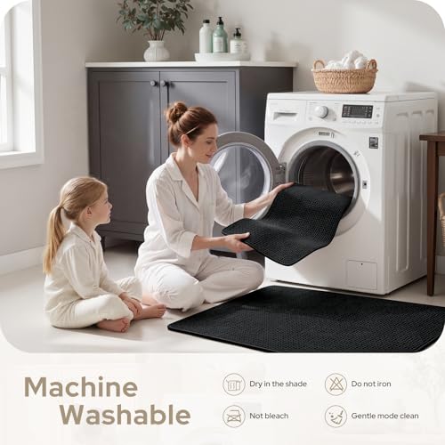 HOMEIDEAS Bathroom Rugs Set 2 Piece, Ultra Thin Non-Slip Bath Mats Rubber Backed, Chenille Absorbent Quick Dry Mats for Shower & Vanity, Low Profile Fits Under Door (Black, 32"x20"+24"x17") - color: Black