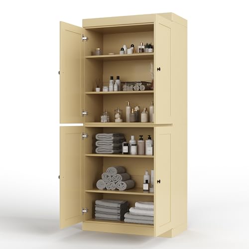 Palace Imports Solid Wood Tall Bathroom Pantry Cabinet with 4 Shaker Doors & Adjustable Shelves, Yellow - 100% Eco-Friendly, Renewable, Space-Saving Storage, 71.5" H x 32" W, Made in Brazil - color: Yellow