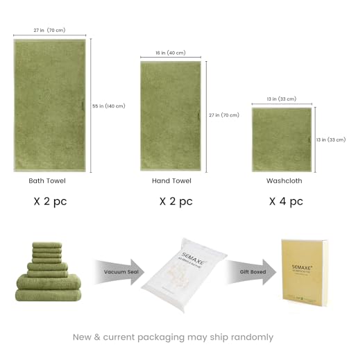 SEMAXE 8-Piece Cotton Bath Towel Set with Hanging Loops for Bathroom, Green | Complete starter set for daily showers, sink-side use, small bathrooms, and guest baths, OEKO-TEX certified, easy care - color: A05: Green