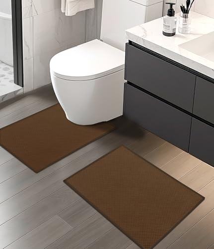 YIHOUSE Bathroom Rug Mat Sets, Ultra Thin Quick Dry Bath Mat, Absorbent Bath Mat for Bathroom Non Slip Machine Washable Bath Rug 2 Piece(Brown) - color: Brown, size: 2 Pieces (U-Shape)