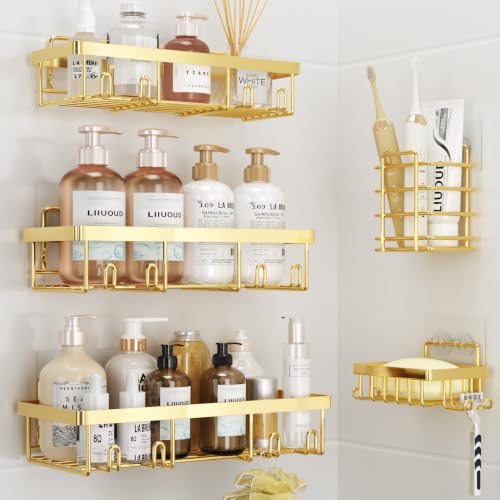 Liuoud 5 Pack Shower Caddy Organizer Rack Shelf for Inside Shower, Self Adhesive Wall Storage Basket Rustproof Stainless Steel Shampoo Holder Bathroom Accessory Decor Set, Gold - color: Gold
