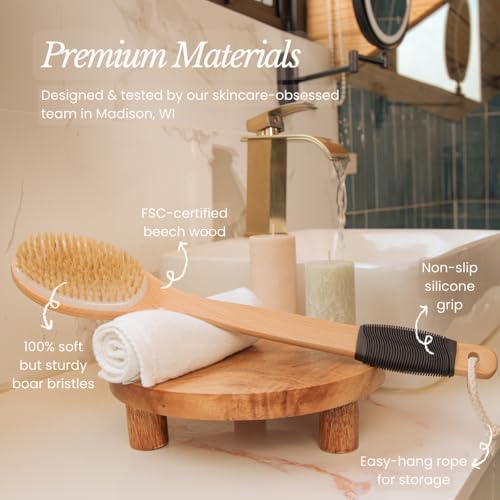Bare Botanics 17" Extra Long Dry Body Brush - Medium Firmness Back Scrubber | Ergonomic Curved Handle with Silicone Grip and Hang Rope | Natural Bristles | For Shower Use - size: Long Back Brush