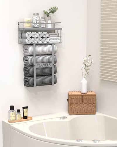 Towel Racks for Bathroom Wall Mounted - Bath Wall Towel Holder Set Above Toilet Storage, Rolled Towel Shelf Organizer for Small Bathroom, Wood Vertical Towel Rack for Bathroom Wall Decor Grey - color: Grey