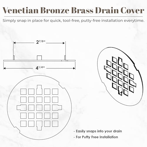 4 ¼” Venetian Bronze Snap-in Shower Drain Cover - Solid Brass Construction - 4.25" OD Drain Strainer - Easy Install - Premium Round Cover - Oil Rubbed Bronze Replacement Grate - color: Venetian Bronze