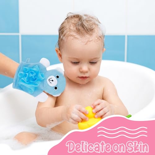 Cute Bath Gloves Loofah - 2 PCS Kids Animal Bath Gloves Body Scrubber, Double-Side Exfoliating Shower Sponges, Washcloths Mitts for Gentle Soft and Easy to Lather (Bear Frog)