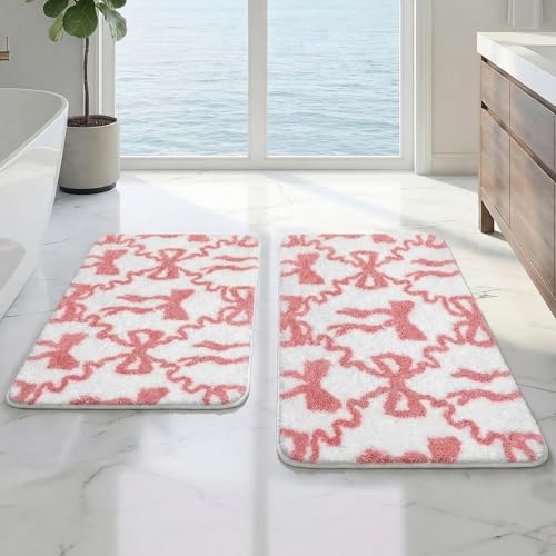Arttown Cute Pink Bow Bathroom Rug Set 2 Piece White Fluffy Microfiber Non-Slip Water Absorbent Bath Mat Soft Washable Floor Rug for Tub Showers Laundry Room Decor (16"x24"+20"x32") - color: Pink Bow
