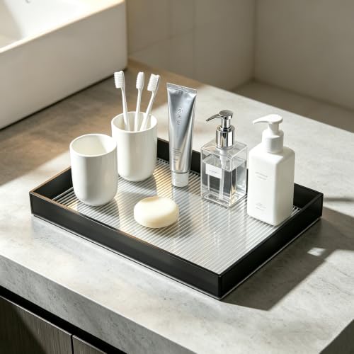 12"x8"Bathroom Vanity Tray for Counter,Black Acrylic Perfume Tray for Dresser,Kitchen soap Dispenser Tray,Coffee Table Tray Decor,Lucite Jewelry Candle Cologne Tray,Toilet Organizer